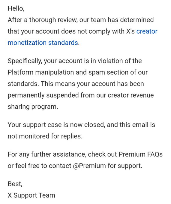 A screenshot of an email from X Support Team stating that an account has been permanently suspended from the creator revenue sharing program for violating platform manipulation and spam standards.