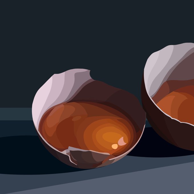 A digital illustration showing a chocolate shell or egg broken open to reveal a glossy orange-brown filling inside, set against a dark background.