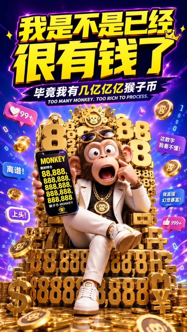 The image shows a promotional meme for "Monkey Coin," featuring a cartoon monkey in sunglasses and a white suit sitting on a throne of golden coins and dollar signs, holding a phone displaying balances of "88,888,888 MONKEY." Bold text proclaims "我是不是已经很有钱了" (Am I already rich?) and "TOO MANY MONKEY, TOO RICH TO PROCESS," capturing the over-the-top wealth fantasy tied to the post's claim that the meme coin will "crawl to the moon step by step."