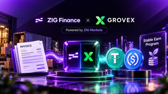 A promotional graphic showing the partnership between ZIG Finance and GROVEX, labeled 'Powered by ZIG Markets,' featuring stylized digital icons for invoices, cryptocurrency, and a 'Stable Earn Program.'