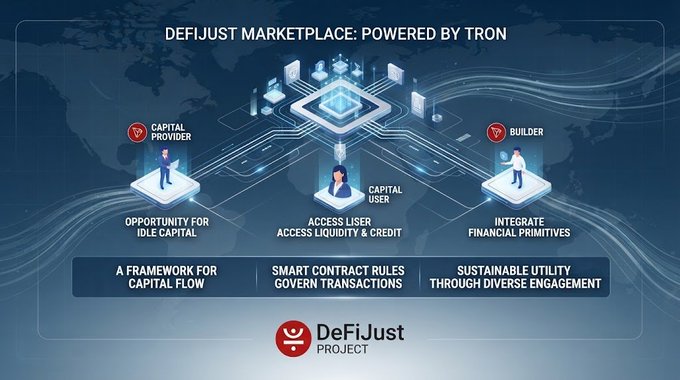 An infographic titled 'DEFIJUST MARKETPLACE: POWERED BY TRON' illustrates the platform connecting capital providers, users, and builders through smart contract rules for sustainable utility.
