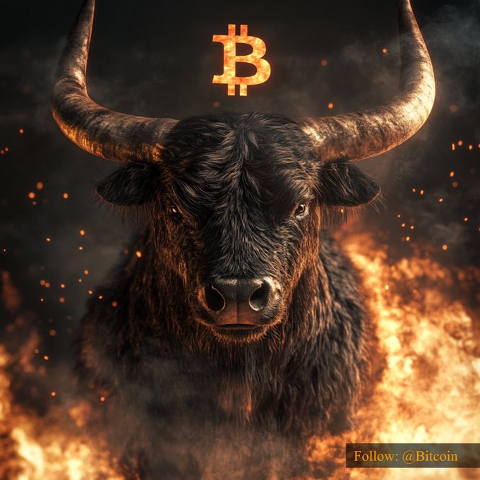 A fierce black bull with glowing orange Bitcoin symbol above its horns emerges from flames and smoke, visually representing the bullish sentiment behind Bitcoin's $75,951.64 price point. The watermark "Follow: @Bitcoin" appears in the bottom right corner.