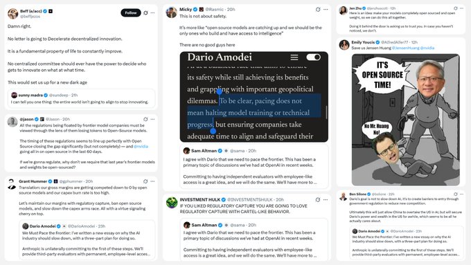A collage of X (formerly Twitter) posts discussing AI regulations, featuring users like Jeff (@riff), Misty (@vriusic), Jon (@abnormal_hl), Emily Toop, and others, with a central highlighted quote from Dario Amodei about AI safety concerns.