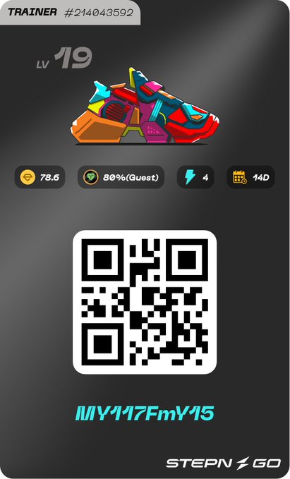 A STEPN GO digital sneaker profile for TRAINER #214043592 at LV 19, showing a colorful sneaker with stats (78.6 energy, 80% guest efficiency, 4, 14D) and a QR code.