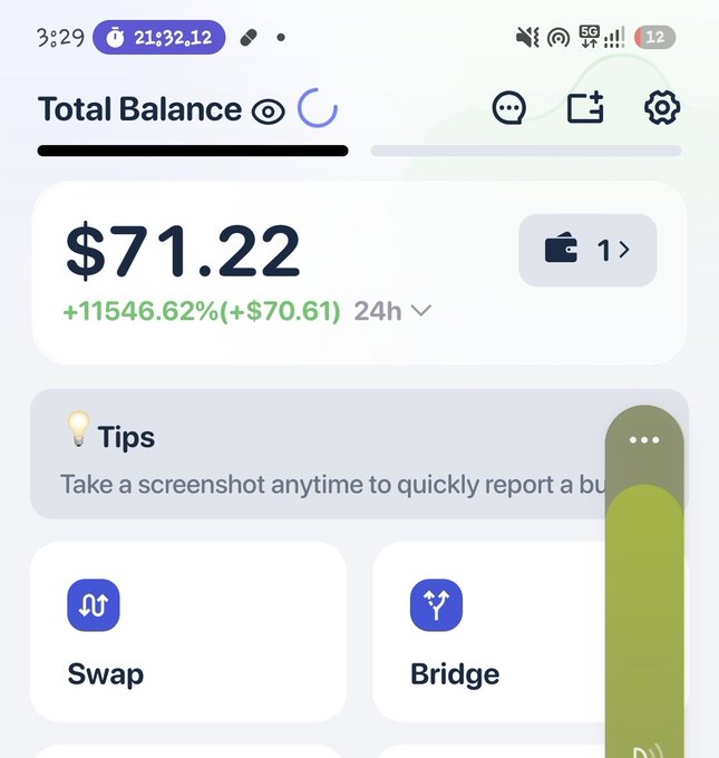 A mobile wallet app screenshot shows a Total Balance of $71.22 with a +11546.62% (+$70.61) 24h change.