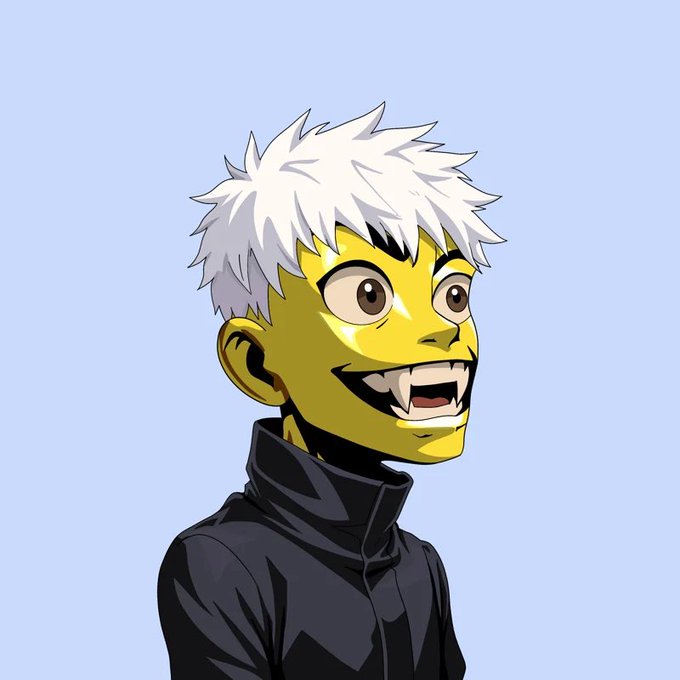 The image shows a stylized cartoon avatar of a character with spiky white hair, yellow skin, and vampire-like fangs, wearing a black turtleneck against a light blue background. The post references a "1/1 Mojo" NFT, and the character's striking gold/yellow skin and sharp fanged grin visually play into the "golden" rarity and "legendary" status of the rare collectible being celebrated.
