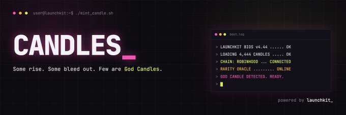 A dark-themed tech banner titled 'CANDLES' with subtitle 'Some rise. Some bleed out. Few are God Candles.', featuring a terminal window showing 'launchkit BIOS v4.44' boot log with 'GOD CANDLE DETECTED. READY.' and 'powered by launchkit'.