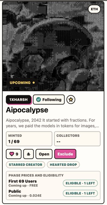 An NFT minting page titled 'Aipocalypse' by creator 1XHARSH, described as starting in 2042 with AI models paid in tokens. The page shows 1/69 minted, with eligibility for 'First 69 Users' (free) and 'Public' (0.024E) on the Ethereum (ETH) network.