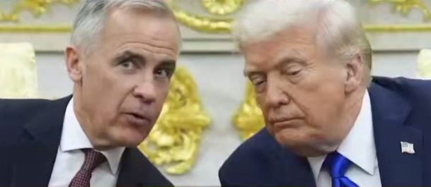 A screenshot of two men seated in a formal room with gold decor: Canadian Prime Minister Mark Carney (left) speaking while U.S. President Donald Trump looks on.