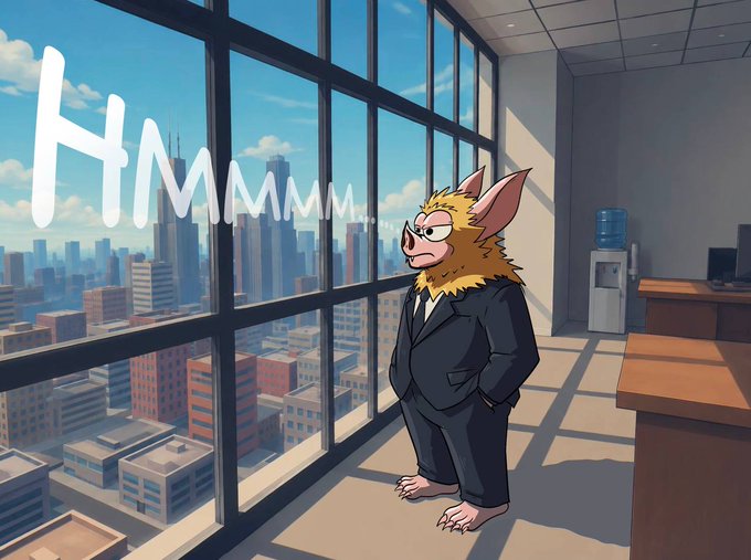A cartoon bat wearing a business suit stares pensively out a skyscraper window at a city skyline, with the word "HMMMM..." hovering above his head, visually capturing the contemplative, scheming "stay hungry" mindset of someone eyeing their next big move.