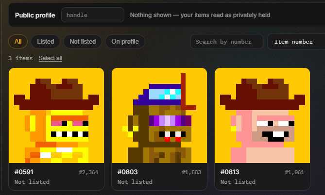 A public profile page displays three privately-held pixel art NFT items (#0591, #0803, and #0813) with a note that "Nothing shown — your items read as privately held." The post references a @zec_bit Genesis NFT collection, suggesting the user is teasing an upcoming reveal of their Zcash-themed collectibles.