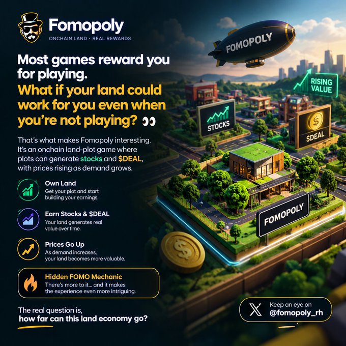 A promotional graphic for “Fomopoly” describes an onchain land game where plots generate “$STOCKS” and “$DEAL,” featuring a floating FOMOPOLY blimp, a city-like land plot, and feature boxes such as “Own Land,” “Earn Stocks & $DEAL,” “Prices Go Up,” and “Hidden FOMO Mechanic.”
