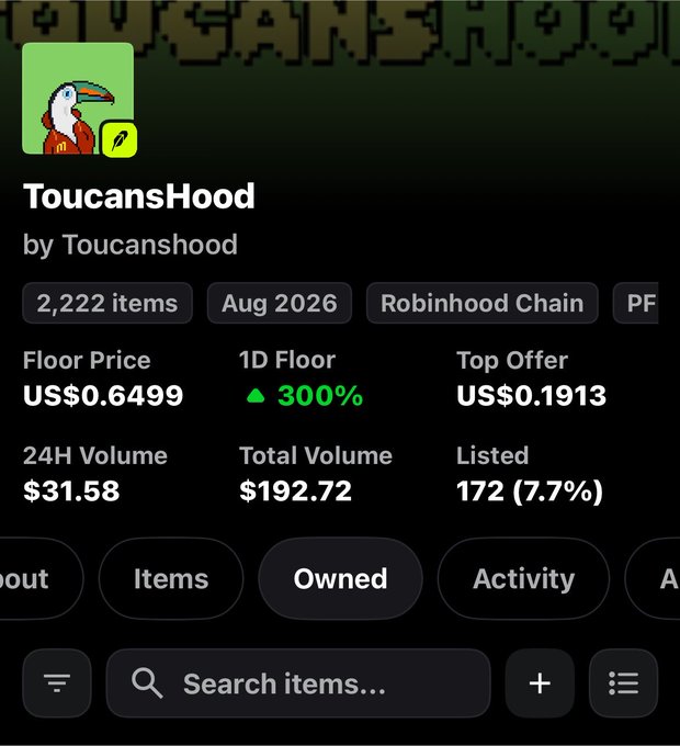 The ToucansHood NFT collection on Robinhood Chain shows a floor price of US$0.6499 with 2,222 items, a 300% increase in the 1D floor, and 172 listed (7.7%). The accompanying OpenSea link directs users to view this same ToucansHood collection, confirming it as the marketplace listing shown.