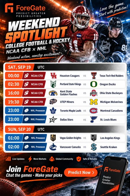 A promotional graphic for "ForeGate" titled "WEEKEND SPOTLIGHT," advertising NCAA CFB and NHL games on September 19-20, featuring matchups like Houston Cougars vs Texas Tech Red Raiders and Vegas Golden Knights vs Los Angeles Kings.