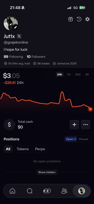 Mobile app screenshot of a trading portfolio for 'Jutlx' (@grajekonline) showing a token at $3.05 down $28.91 over 24h, with 89 Following, 10 Followers, and no open positions.