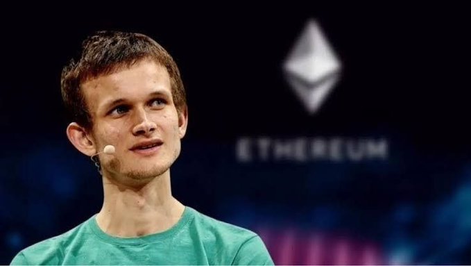 A young man with short brown hair, wearing a green t-shirt and a headset microphone, speaks at an event with the Ethereum logo and "ETHEREUM" text visible in the background. The image relates to the post as it likely shows Vitalik Buterin, co-founder of Ethereum, referencing his announcement of a major upcoming Ethereum upgrade.