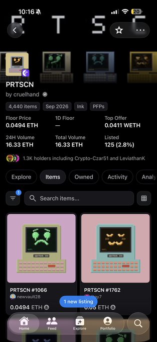 A screenshot of the PRTSCN NFT collection on OpenSea showing 4,440 items with a floor price of 0.0494 ETH and 24H volume of 16.33 ETH. The collection, which features pixelated computer designs by cruelhands, ties into the post's commentary about users switching blockchain networks, likely referencing the trend of NFT collectors moving across chains.