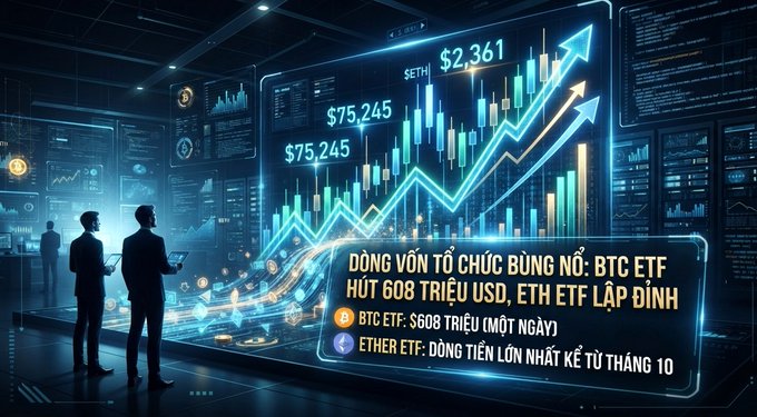 A digital illustration of two people analyzing cryptocurrency charts, with text in Vietnamese stating 'DÒNG VỐN TỔ CHỨC BÙNG NỔ: BTC ETF HÚT 608 TRIỆU USD, ETH ETF LẬP ĐỈNH' along with BTC ETF and ETHER ETF details.