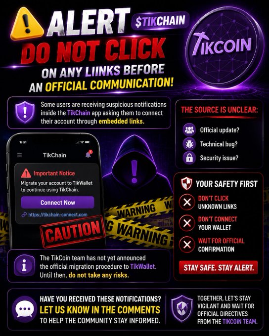 A TikCoin security alert warning users not to click suspicious migration links claiming to connect to "TikWallet," advising the community to wait for an official announcement from the TikCoin team before taking action. The graphic features a fake "Important Notice" notification example asking users to "Migrate your account to TikWallet" via an embedded link, emphasizing safety measures and urging users to report any suspicious notifications in the comments.
