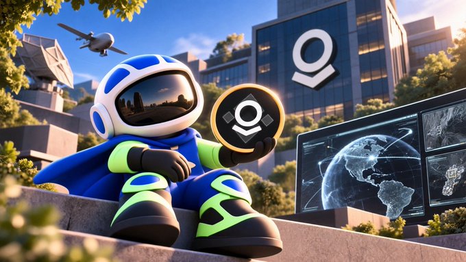 A futuristic robot in blue and green armor sits holding a golden coin featuring the Palantir logo, with a digital globe display showing the Americas in the background, symbolizing Palantir's expansive AI and data analytics operations worldwide. The company's signature "Q"-shaped logo prominently appears on both the coin and a nearby building, reinforcing the brand identity tied to the $PLTR ticker mentioned in the post.