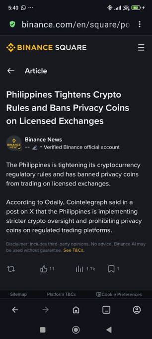 The image shows a screenshot of an article or page from the binance square website. The title reads "Philippines Tightens Crypto Rules and Bans Privacy Coins on Licensed Exchanges", with an explanation that these regulations could end many cryptocurrencies, including Zcash and Monero. The image also features social media icons for Twitter and Facebook.