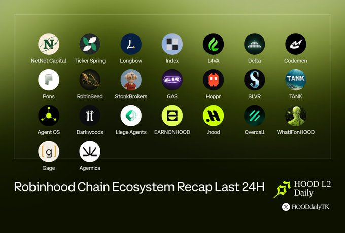 An infographic titled 'Robinhood Chain Ecosystem Recap Last 24H' displaying various project logos such as NetNet Capital, Ticker Spring, Longbow, Index, L4VA, Delta, Codemen, Pons, RobinSeed, StonkBrokers, GAS, Hoppr, SLVR, TANK, Agent OS, Darkwoods, Liege Agents, EARNONHOOD, hood, Overcall, WhatIFonHOOD, Gage, and Agemica, credited to HOOD L2 Daily and HOODdailyYTK.