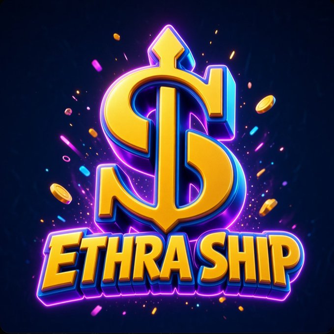 A stylized golden dollar sign intertwined with an anchor-like emblem sits above the bold "ETHRA SHIP" text, surrounded by glowing purple and orange neon accents and floating gold coins. The nautical anchor and ship-themed imagery visually reinforce the "EthraShip" brand and "$SHIP" token branding highlighted in the accompanying post about the project's governance and utility token.