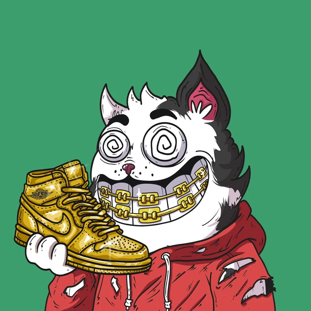 A cartoon illustration of a black and white cat with swirling eyes, a gold chain smile, and a red hoodie, holding a shiny gold sneaker against a green background.