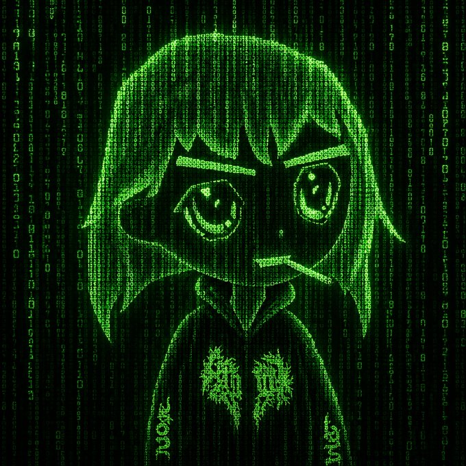 An anime-style chibi character with large eyes and hair, rendered in a green digital matrix code style against a background of falling green characters.