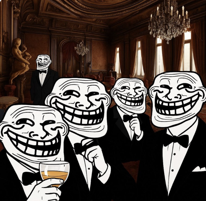 Four 'Trollface' meme characters dressed in black tuxedos with bow ties gather in an opulent, chandelier-lit room, with one holding a glass of amber liquid.