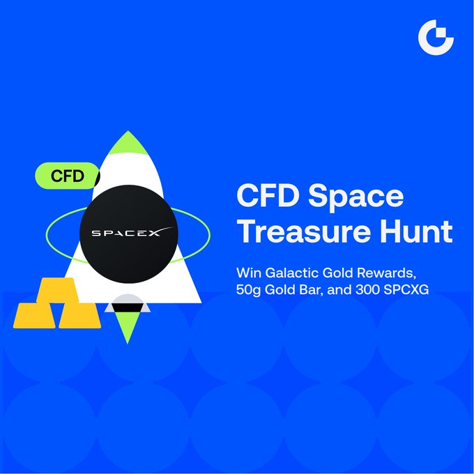 A promotional graphic with a blue background advertising a 'CFD Space Treasure Hunt' to win 'Galactic Gold Rewards, 50g Gold Bar, and 300 SPCXG,' featuring a rocket illustration.
