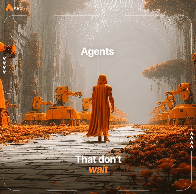 The image features a person wearing an orange cape walking down a path with several robots behind them. The caption of the image reads "Agents that don't wait are more interesting than those who do". This implies that the person in the orange cape is not waiting for anything and is taking control over the situation, while other agents might be waiting or following orders from a human sitting in the loop.
