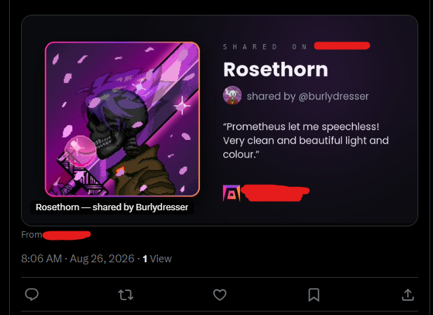 A dark-themed social media post titled 'Rosethorn' shared by @burlydresser, featuring pixel art of a skeleton in a purple setting, with the quote 'Prometheus let me speechless! Very clean and beautiful light and colour.'