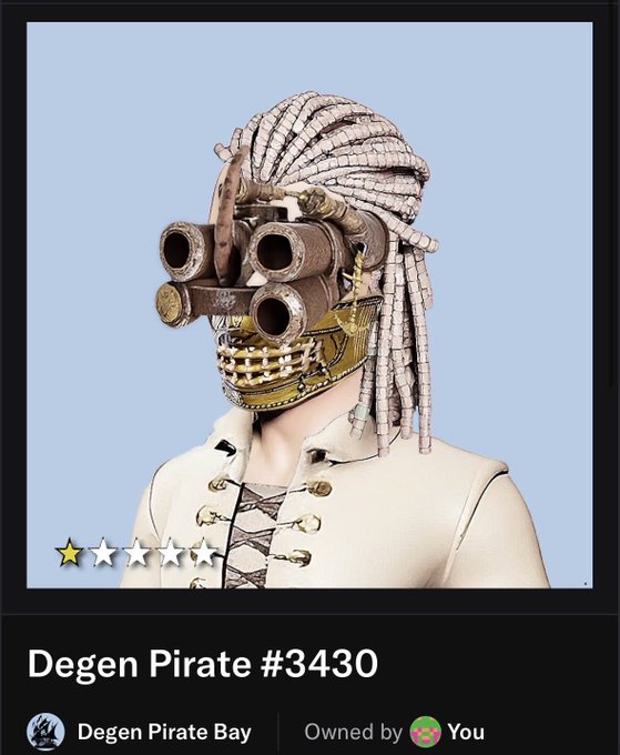 An NFT profile page displaying 'Degen Pirate #3430' from the Degen Pirate Bay collection, featuring a 3-star rated character with a steampunk cannon helmet and long textured hair, marked as 'Owned by You'.