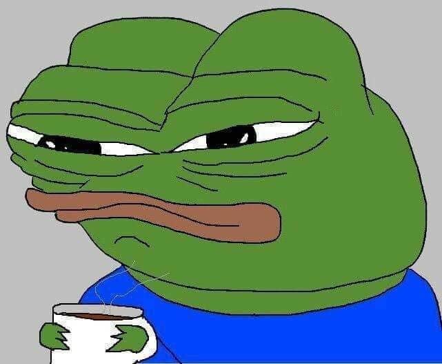 The 'Sad Pepe' meme showing a green frog with a weary expression holding a white mug against a gray background.