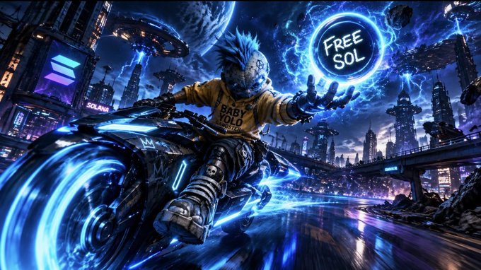 A vibrant cyberpunk-style illustration of a character on a futuristic motorcycle reaching toward a glowing 'FREE SOL' orb in a neon-lit city.