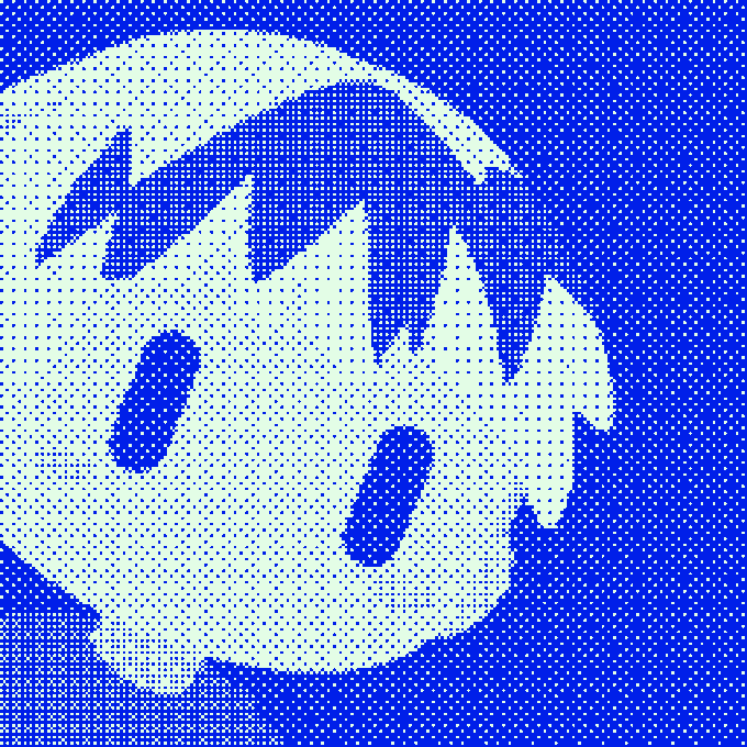 A blue and white dotted/halftone image of a stylized face or character design.