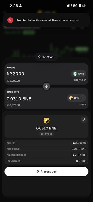 A mobile app screen titled 'Buy Crypto' shows a transaction to buy 0.0310 BNB for ₦32,000, but a red banner at the top displays 'Buy disabled for this account. Please contact support.'