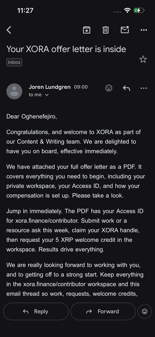 A screenshot of an email from Jøren Lundgren congratulating "Oghenefjiro" on being accepted to XORA's Content & Writing team, with a PDF offer letter attached and instructions to claim an XORA handle for a 5 XRP credit in the xora.finance/contributor workspace—directly confirming the poster's announcement about joining XORA's content team.