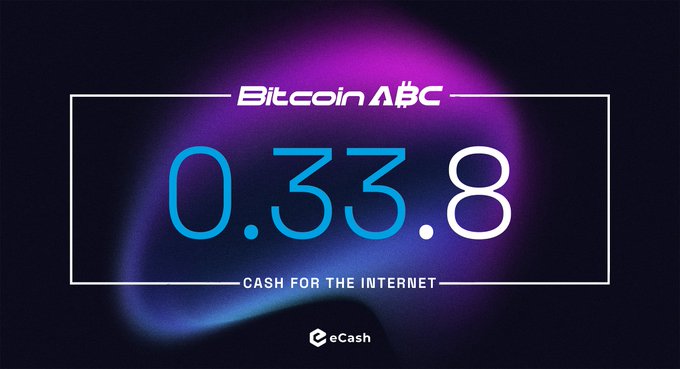 A promotional graphic for Bitcoin ABC release 0.33.8, displayed in large white numerals against a purple and blue gradient background, with the tagline "CASH FOR THE INTERNET" and an eCash (XEC) logo at the bottom.