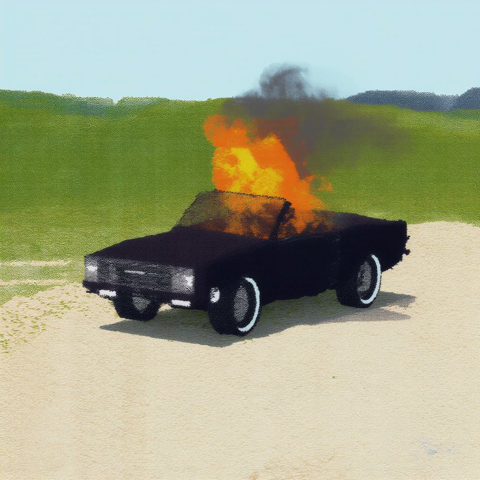 Video game screenshot showing a black convertible car engulfed in flames, parked on a dirt area with green grassy hills in the background.