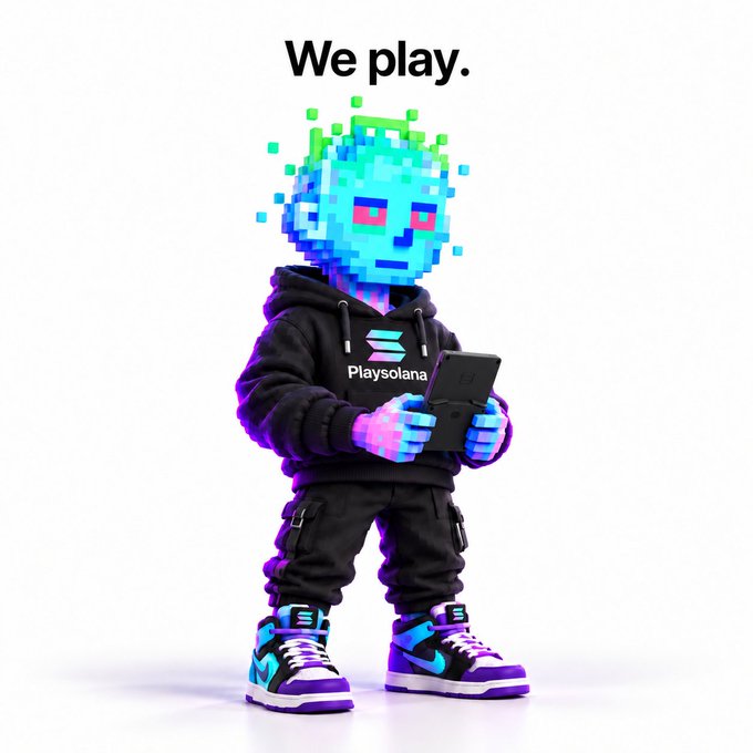 A 3D-rendered cartoon character with a glitching, pixelated blue head wearing a black "Playsolana" hoodie and colorful sneakers, holding a smartphone under the text "We play."