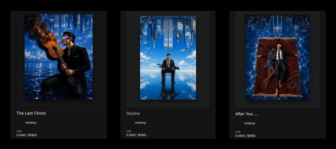 Three NFT listings by mrbeny titled 'The Last Chord', 'Skyline', and 'After You ...', each priced at 0.0941 ETH ($180) with a listing fee.