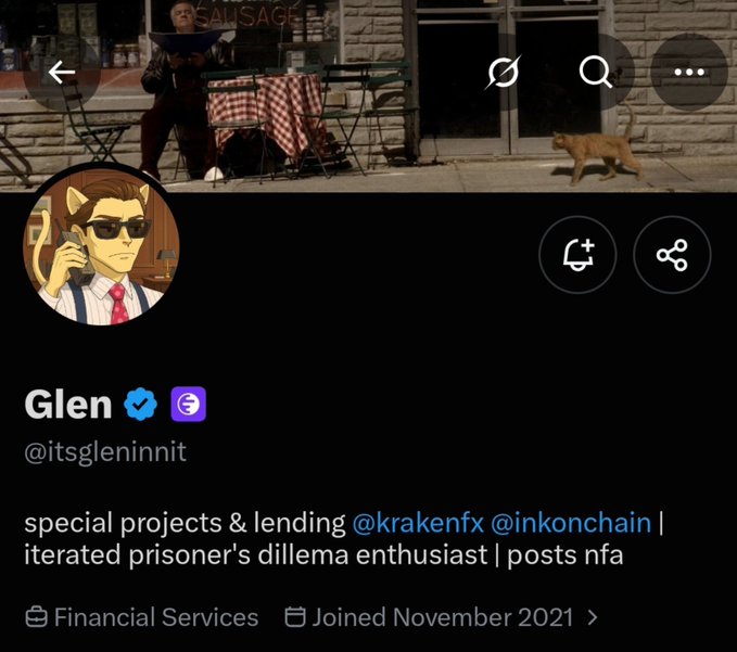 A Twitter/X profile for "Glen" (@itsgleninnit) showing an anime-style profile picture, with bio text mentioning "special projects & lending @krakenfx @inkonchain | iterated prisoner's dilema enthusiast | posts nfa" and category listed as Financial Services.