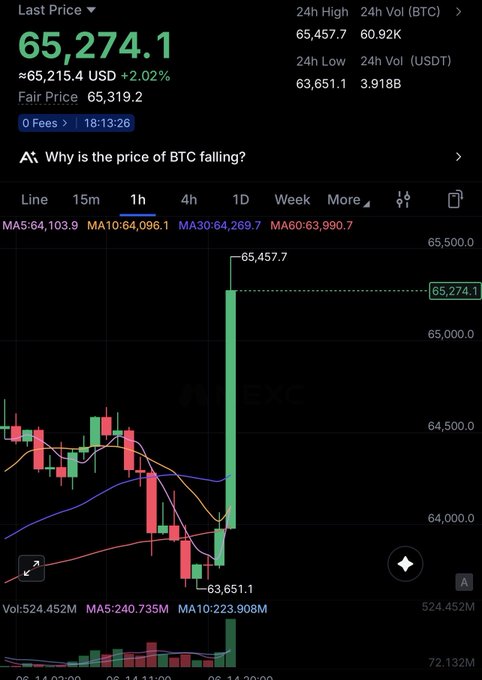 The image shows a stock chart with a green line indicating a downward trend for Bitcoin prices over time. The text at the top of the screen reads "65,2744.1", which could be a price or a description related to Bitcoin trading. The bottom part of the screen displays a graph showing the price fluctuations in Bitcoins over time.