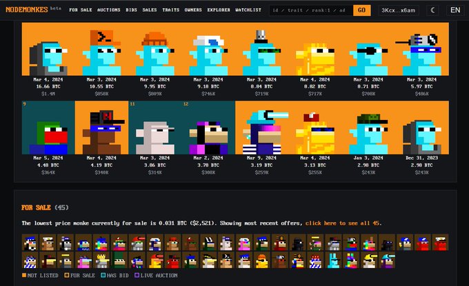 A screenshot from ModeMonkes showing various pixel-art monkey NFTs for sale, with prices in BTC, including items listed for 16.66 BTC, 10.55 BTC, and 9.95 BTC.