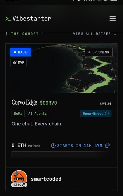 A screenshot of the Vibestarter website showing a crypto project called 'Corvo Edge $CORVO' in the BASE ecosystem, tagged as DeFi/AI Agents, with 0 ETH raised and starting in 11H 47M.