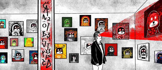 A black-and-white illustration with red accents showing a man in a suit standing in an art gallery, with a red beam shining from his eye onto a red hooded figure painting, while other hooded artworks and the text 'AMO BIBA VITA' appear on the walls.