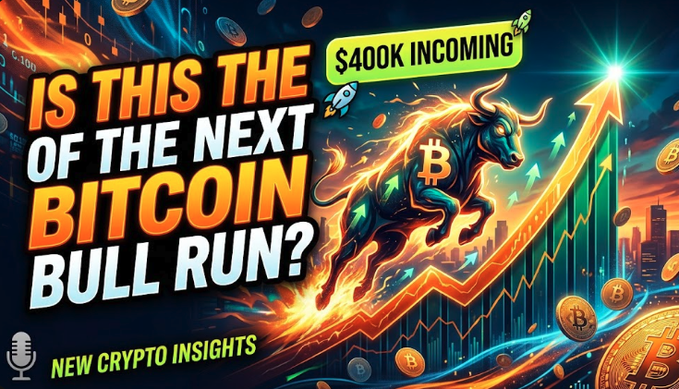 A vibrant YouTube thumbnail asking 'IS THIS THE NEXT BITCOIN BULL RUN?' featuring a fiery charging bull with a Bitcoin symbol, an upward green arrow chart, '$400K INCOMING' text, and 'NEW CRYPTO INSIGHTS' banner.