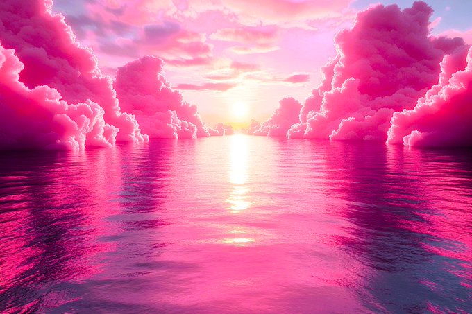Aesthetic pink-hued digital artwork showing a sunset over calm water surrounded by fluffy pink clouds.